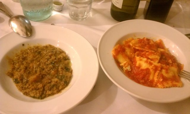 Ribollita, ravioli di ricotta e spinaci -- two primi on a too hot day. (Il Latini, Firenze)