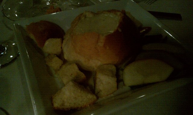 #LocalRestWeek Cheese fondue bread bowl (don't know which cheeses) with apple slices.