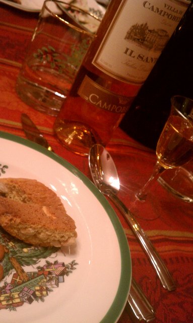 Cantuccini (almond biscotti) and Il Santo (Italian dessert wine).