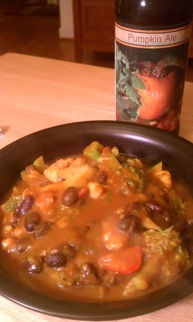 Broccoli, cauliflower, red pepper, black bean, pumpkin slurry; pumpkin ale...slurry.