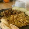 Apple, onion, cheddar, rosemary, eggs; rosemary homefries; cappuccino; fruit bits.