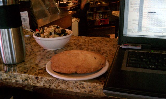 Giant chocolate chip cookie and a garbanzo salad. And code. Terrible, terrible code.