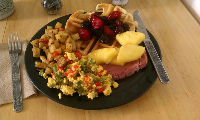 Belgian waffles, berries, maple syrup; asparagus, red pepper, shallot, smoked gouda eggs; ham, pineapple; red pepper home fries.