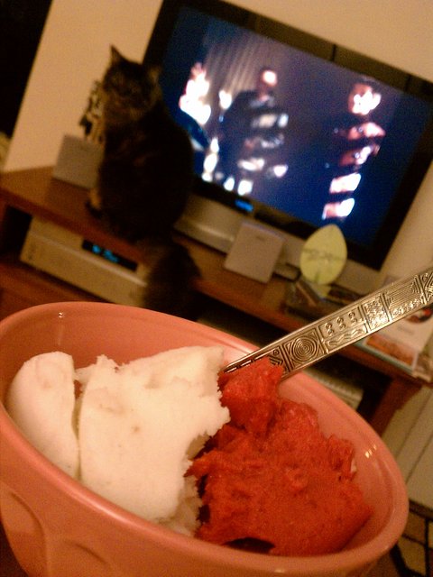 Eating both coconut and raspberry sorbet while watching the premier of The Cape.