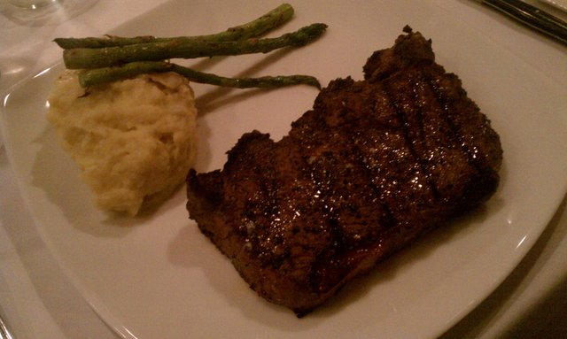 NY strip steak, mashed potatoes, grilled asparagus.