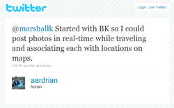 Started with BK so I could post photos in real-time while traveling and associating each with locations on maps.