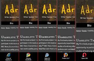 Screen shot of my (development) site with font styles as seen by different browsers.