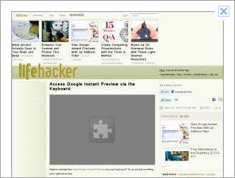 Google Instant Preview showing the Lifehacker page with a broken puzzle piece icon in place of an embedded movie.