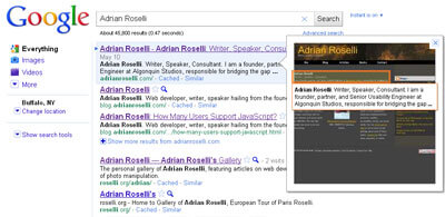 Google Instant Preview showing how my site appears when using my name as the search term.