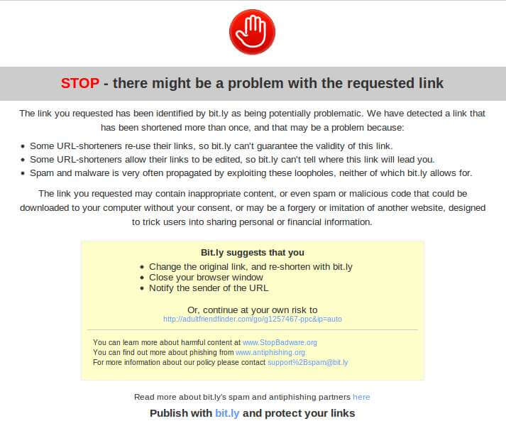 A warning from bit•ly service that the target URL may not be safe.