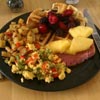 Belgian waffles, berries, maple syrup; asparagus, red pepper, shallot, smoked gouda eggs; ham, pineapple; red pepper home fries.