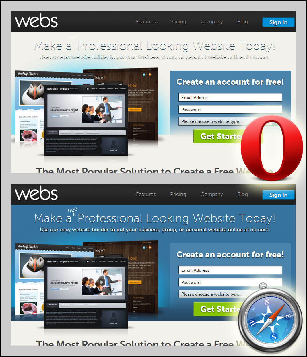 Screen shots of webs.com as seen in Opera and Safari.