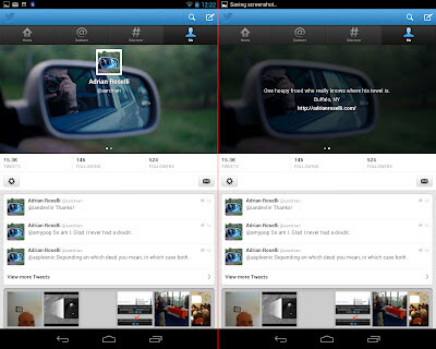 Screen capture of updated Twitter app with new header (Nexus 7).