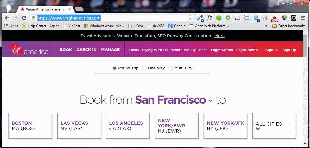 The Virgin America home page when used with only a keyboard.