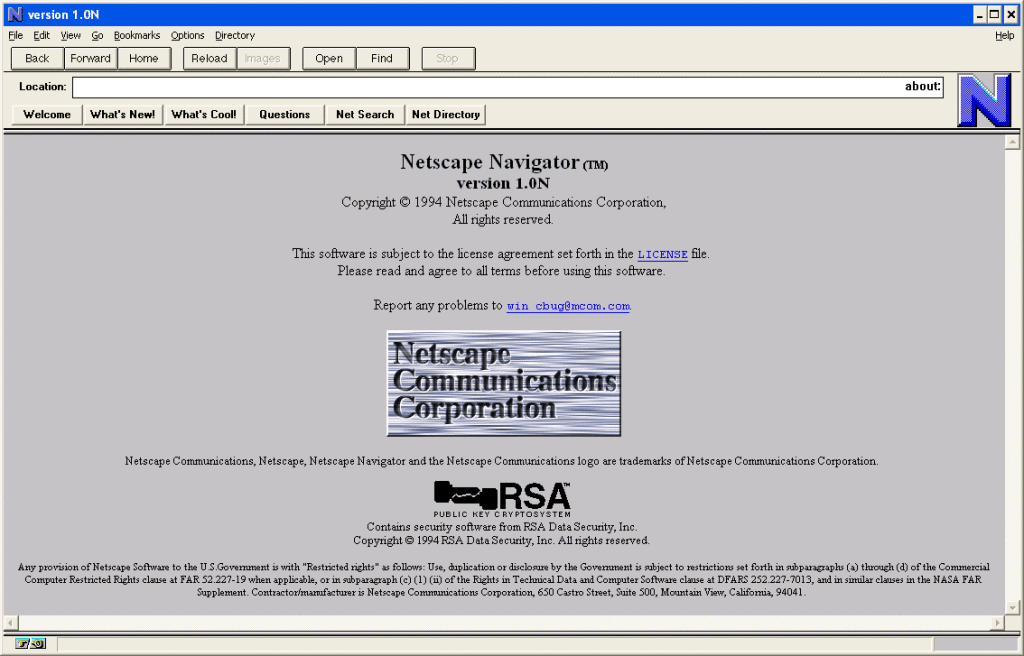 Screen shot of the Netscape 1.0N browser information page.
