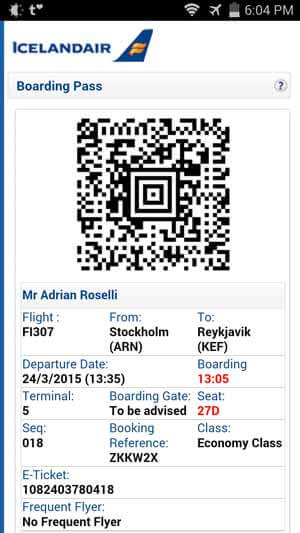 Iceland Air electronic boarding pass.