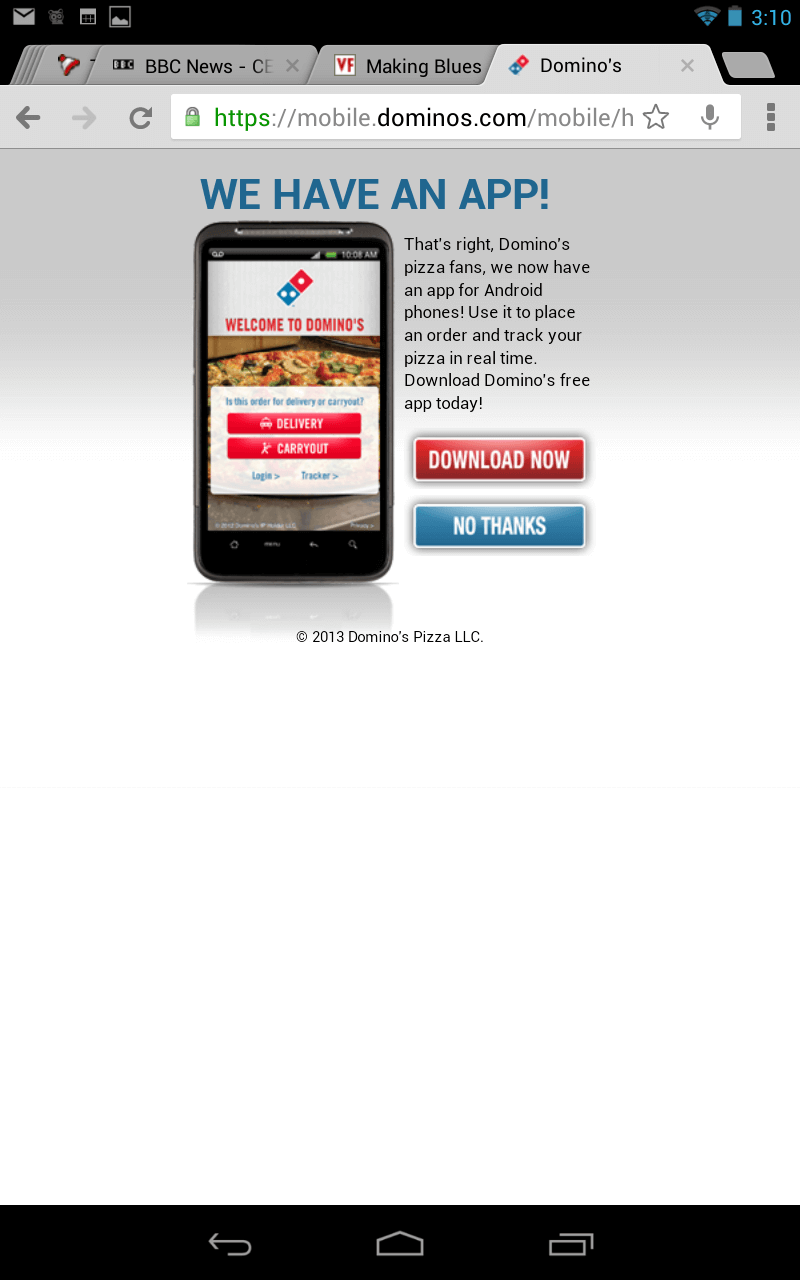 Domino's mobile home page with an app interstitial.