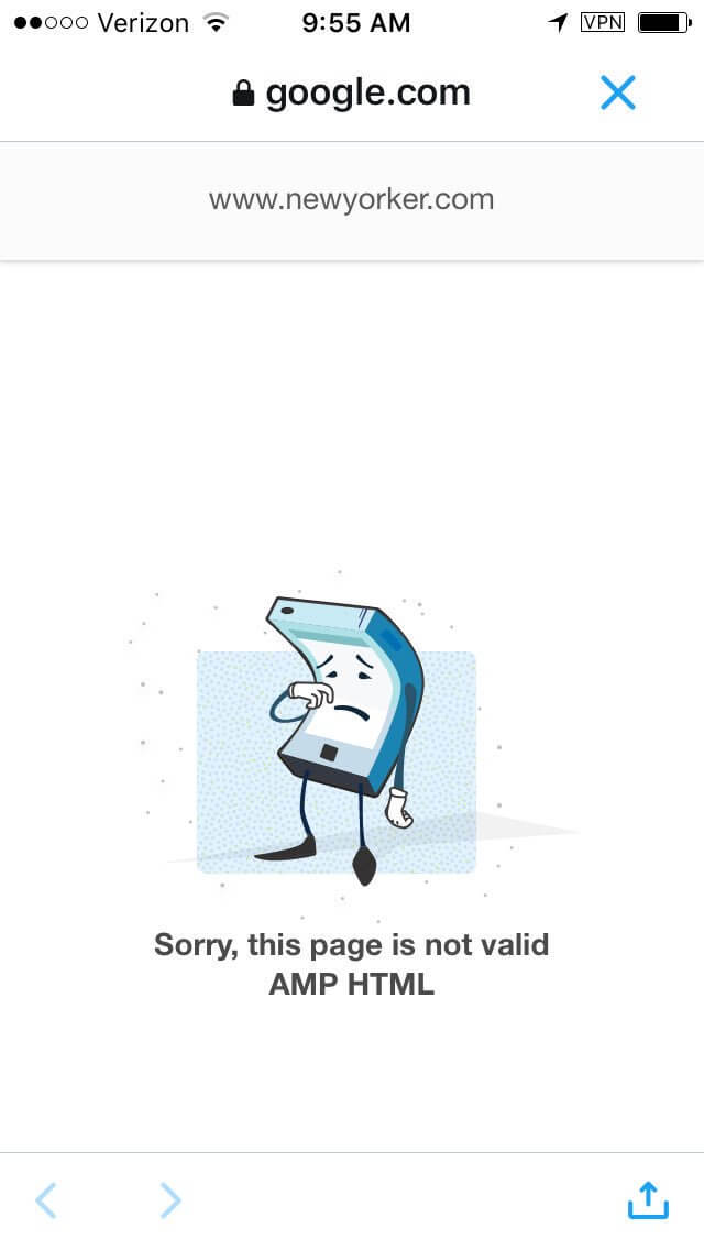 An illustration of a sad cell phone wiping away a tear. Below it is the text “Sorry, this page is not valid AMP HTML”.