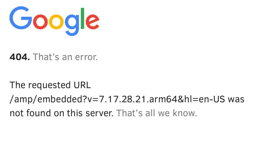 A Google-branded 404 with no useful messaging.