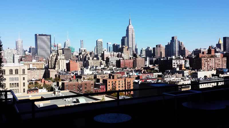 View of the NYC skyline from the balcony at Google's 8th floor cafeteria.
