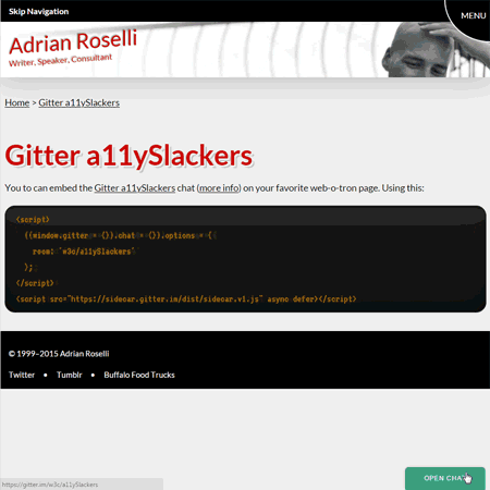 Animated image of the Gitter sidecar with the a11y Slackers channel embedded on my site.