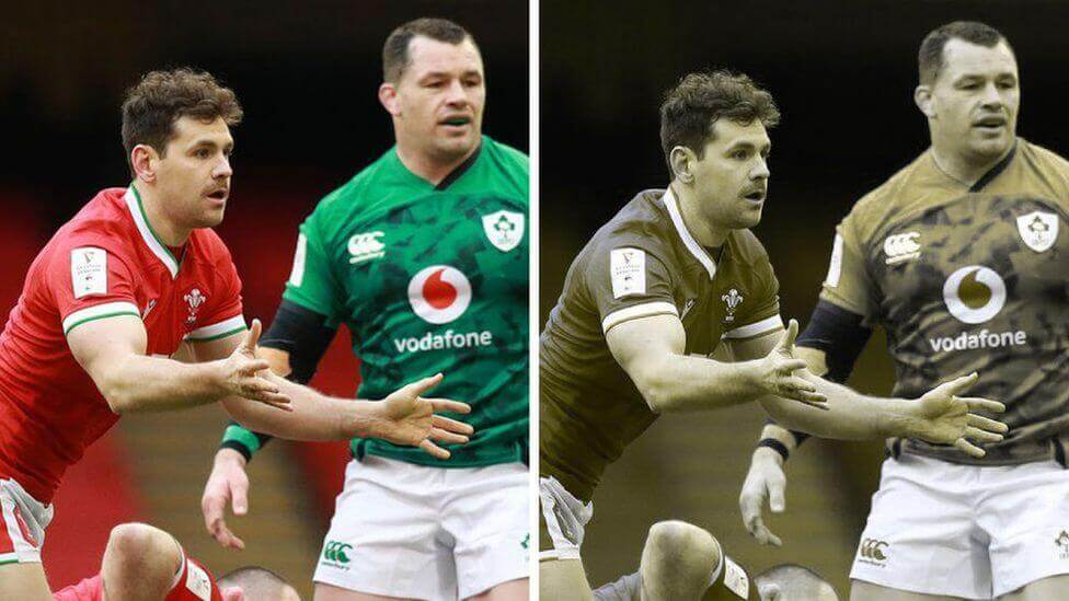 Side-by-side of a full color image of Tomos Williams and Cian Healy, next to a mock-up of what someone with red/green color deficiency may see.
