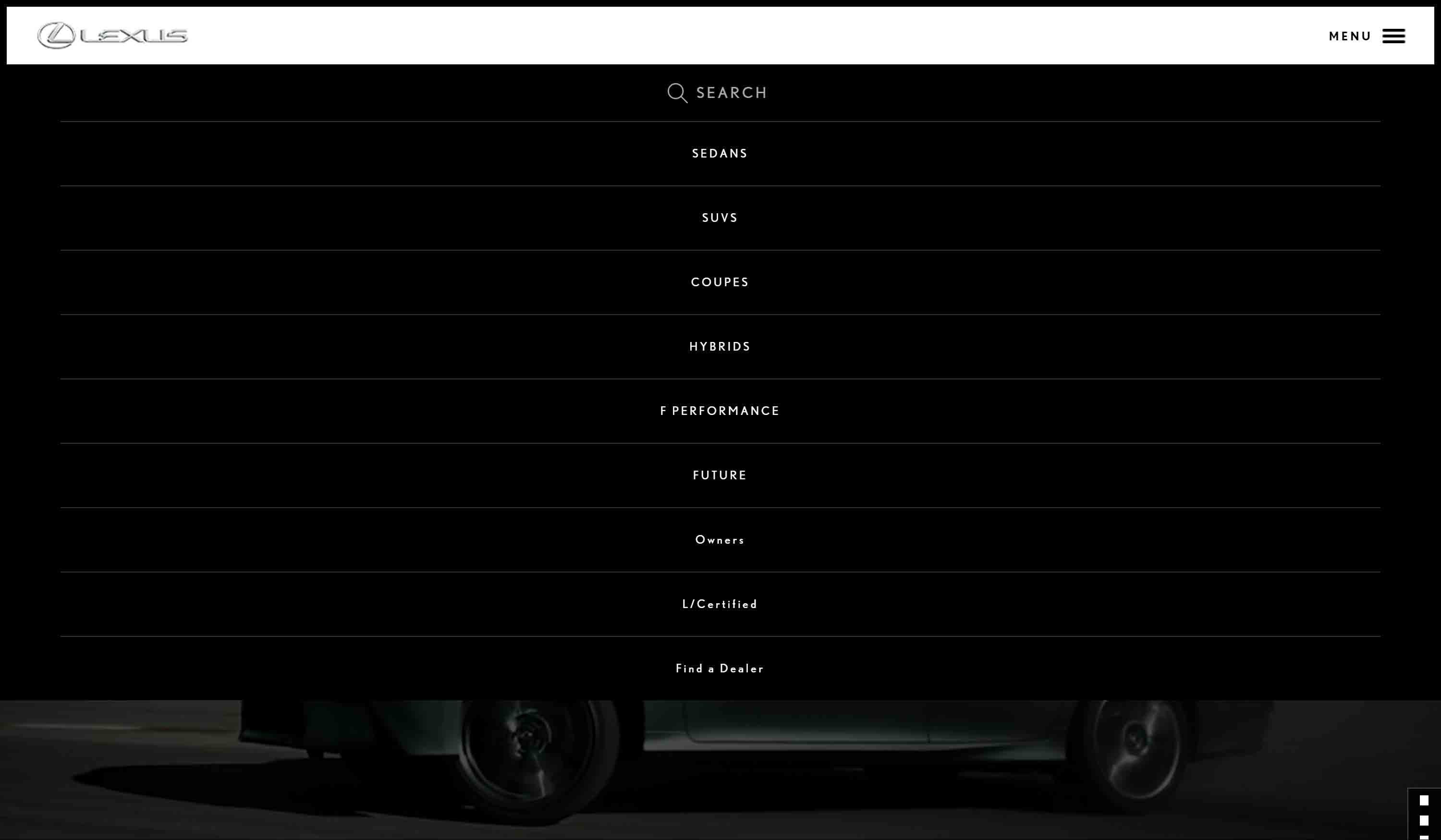 Lexus Performance site home page with menu open.