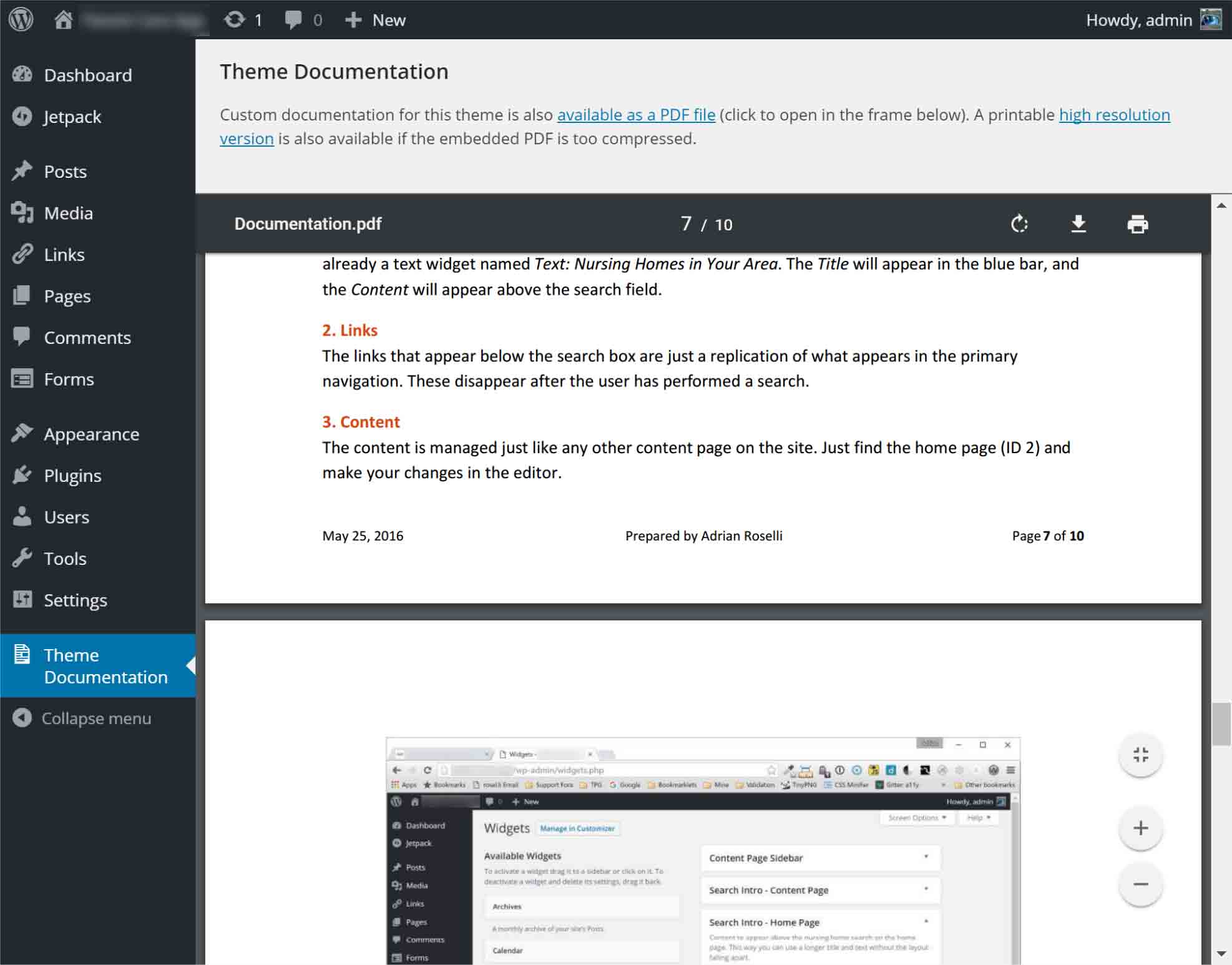 Screen shot of the documentation screen showing an embedded PDF, in an average window size.