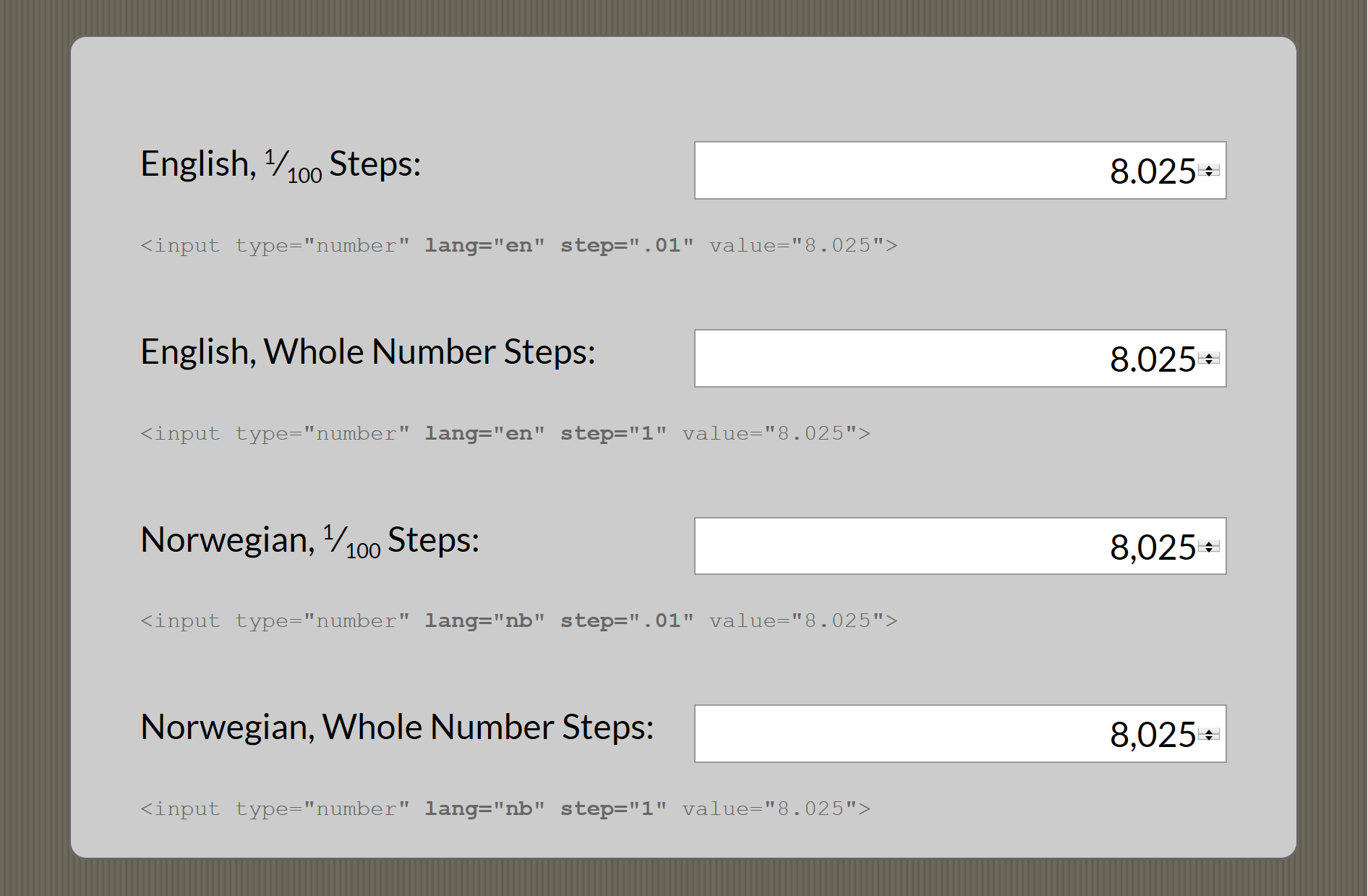 Animated GIF showing screenshot of changes to number field values using the decimal mark determined by the lang attribute.