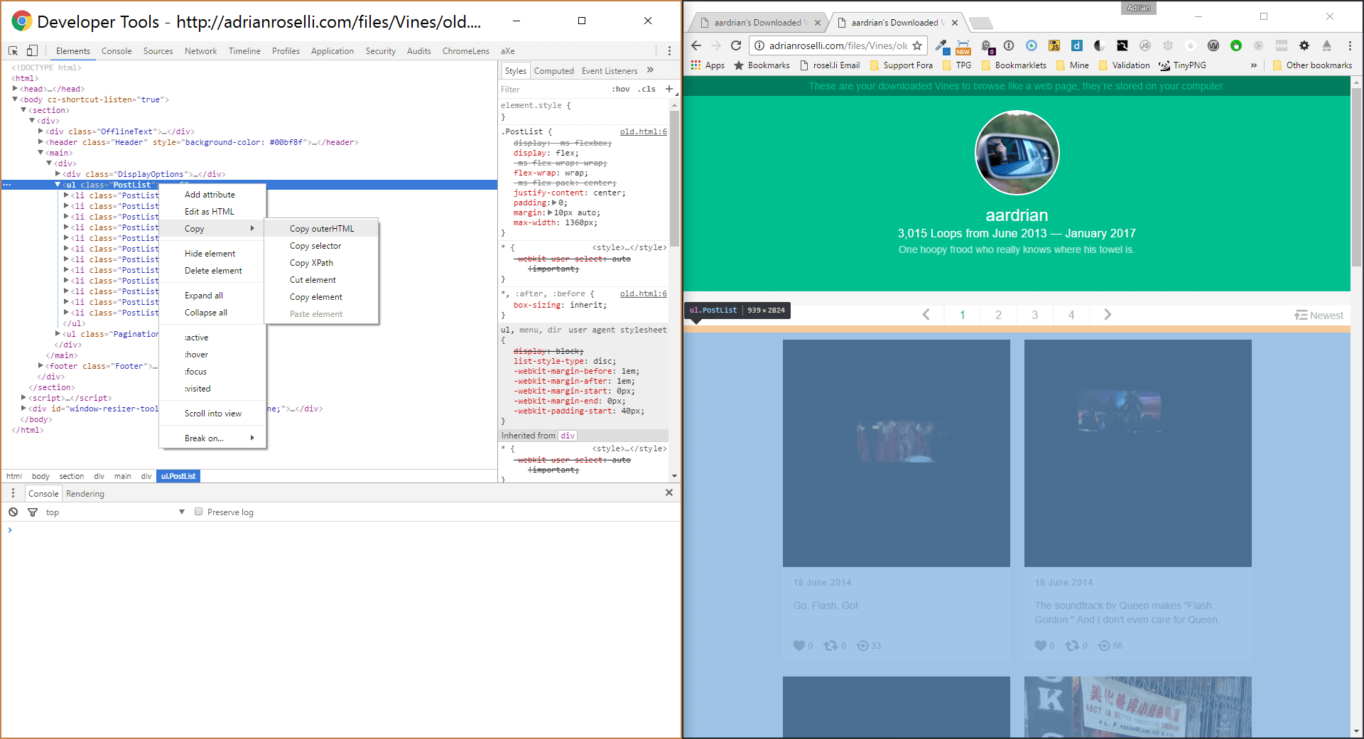 Screen shot of the Chrome dev tools alongside the Vine archive page.