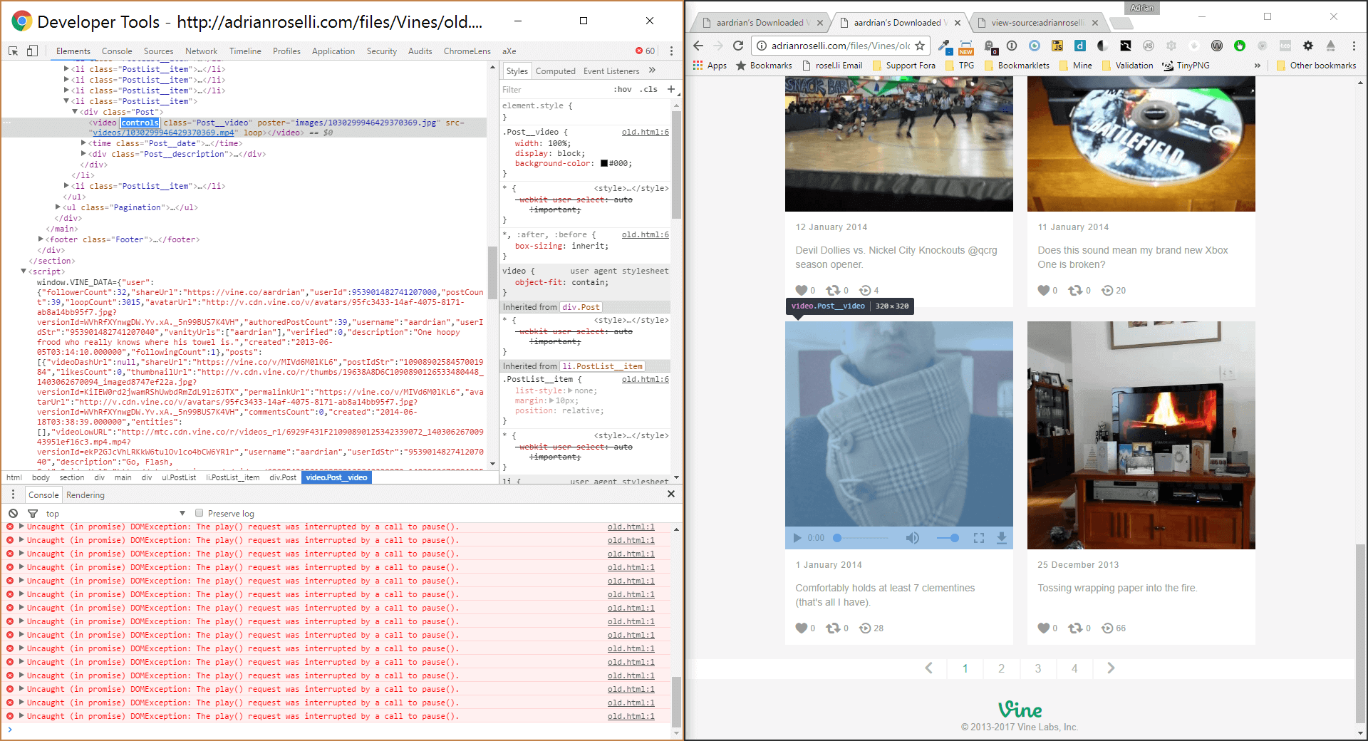 Screen shot of the Chrome dev tools alongside the Vine archive page.