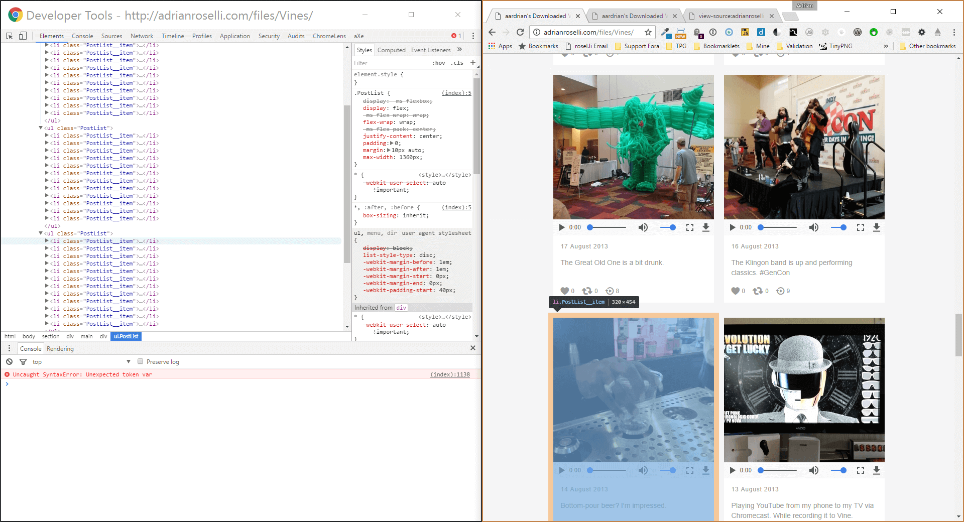 Screen shot of the Chrome dev tools alongside the Vine archive page.