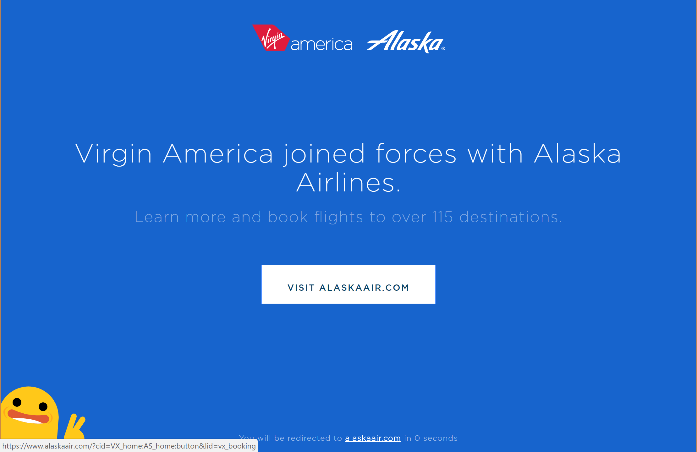 Screen shot of Virgin America redirect page.