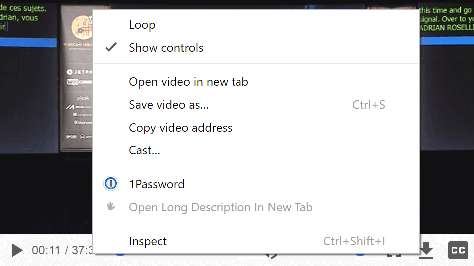 Screen shot of the video context menu in Chrome.