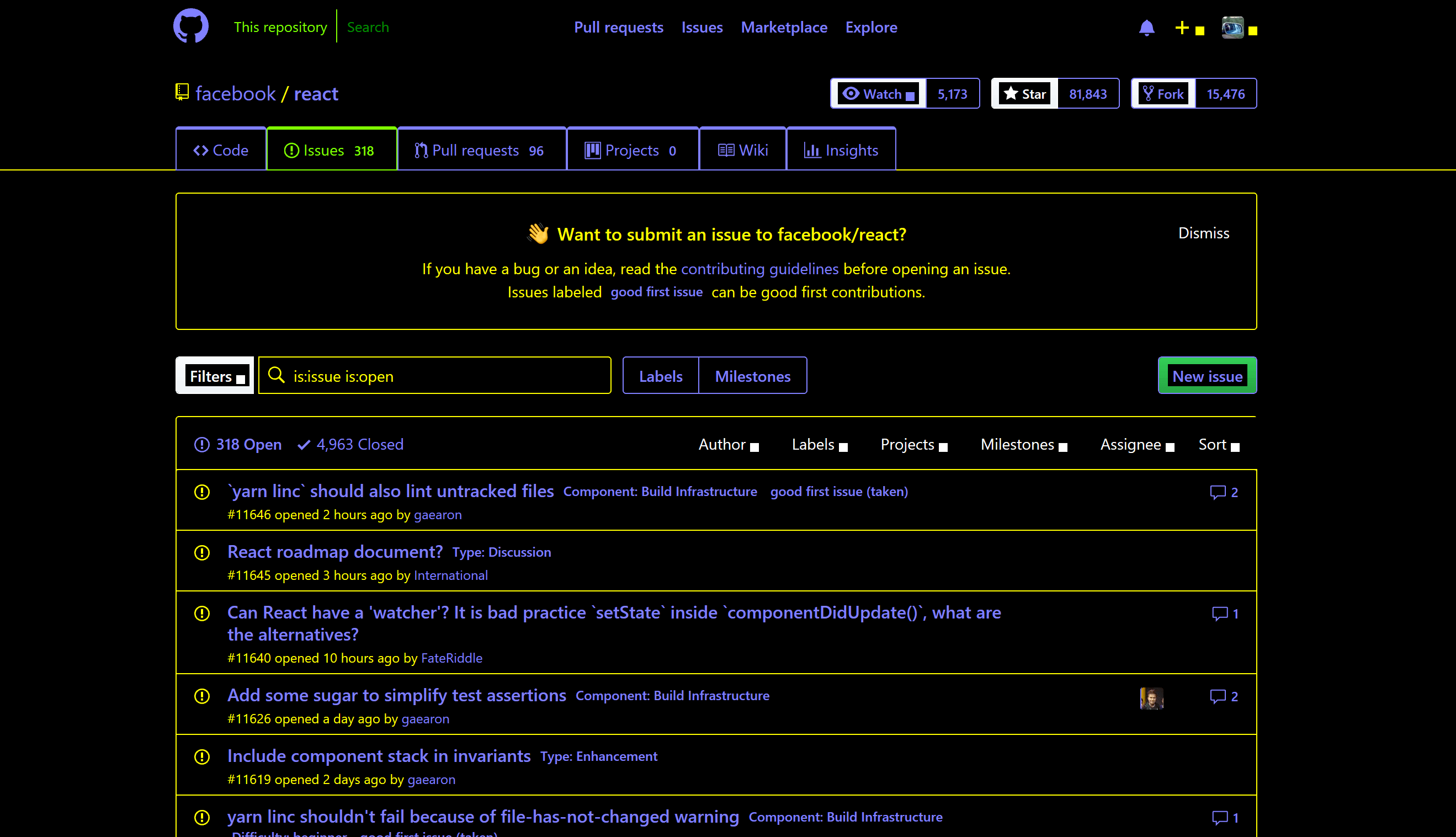 A GitHub project page as seen in Edge with the high contrast mode enabled.