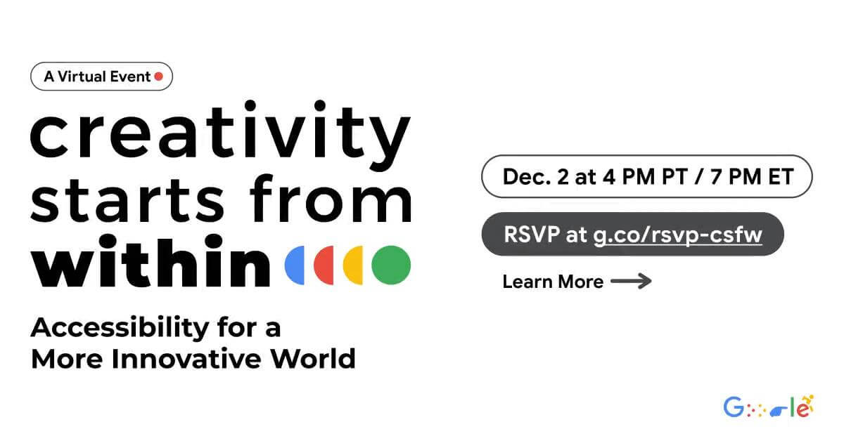 A virtual event. Creativity starts from within. Accessibility for a more Innovative World. December 2 at 4pm PT / 7pm ET. RSVP at the link in the tweet.