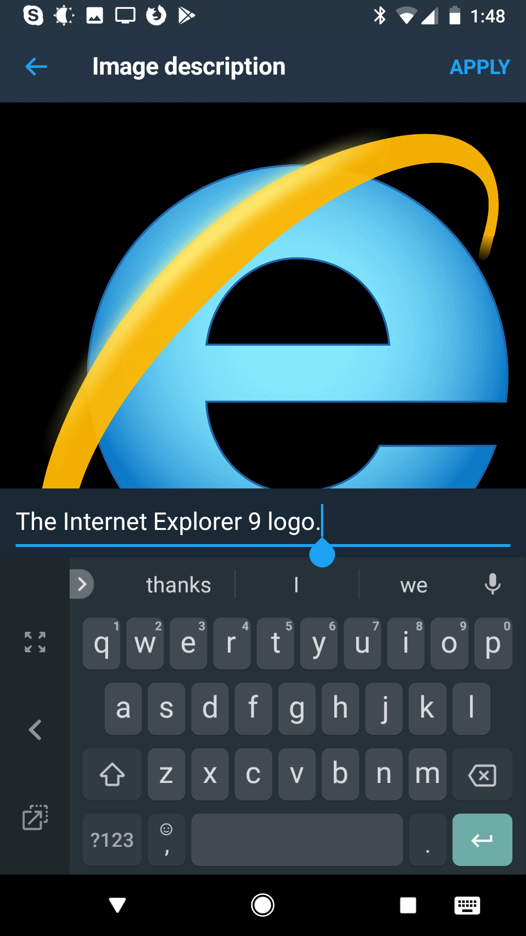 The screen in the Android app to enter your image alternative text.