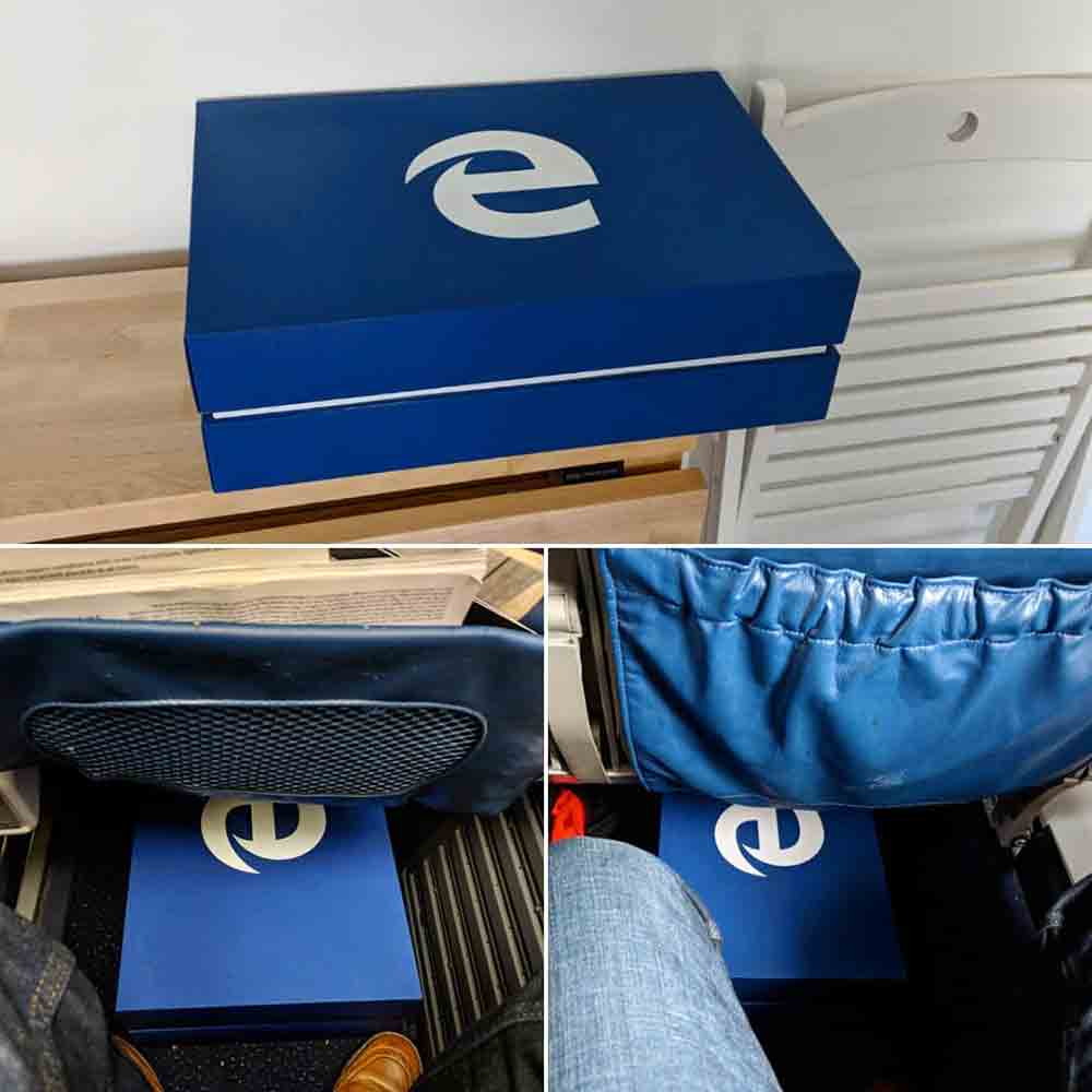 A large blue box (5½ × 16½ × 12 inches) with the white Microsoft Edge logo. Two images show the box under the seat on two different airplanes. A third image shows the box on my kitchen table.