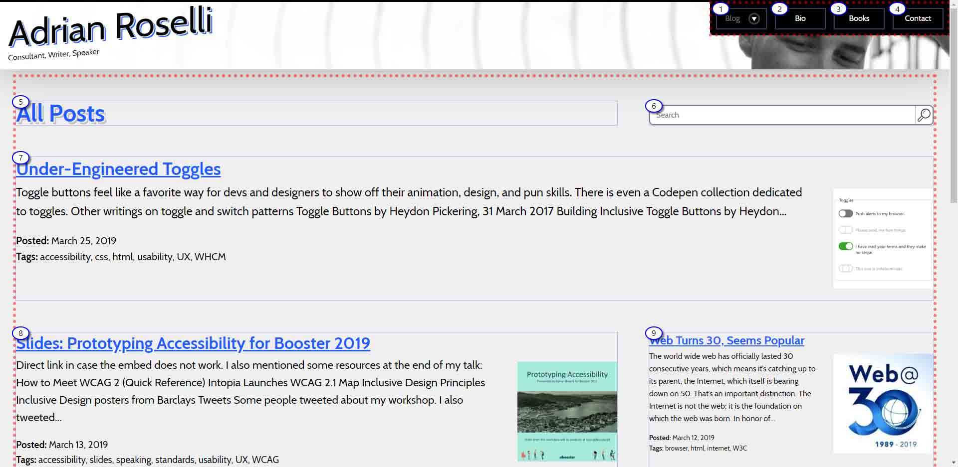 The home page of this site after running the reading order bookmarklet to show the grid items.