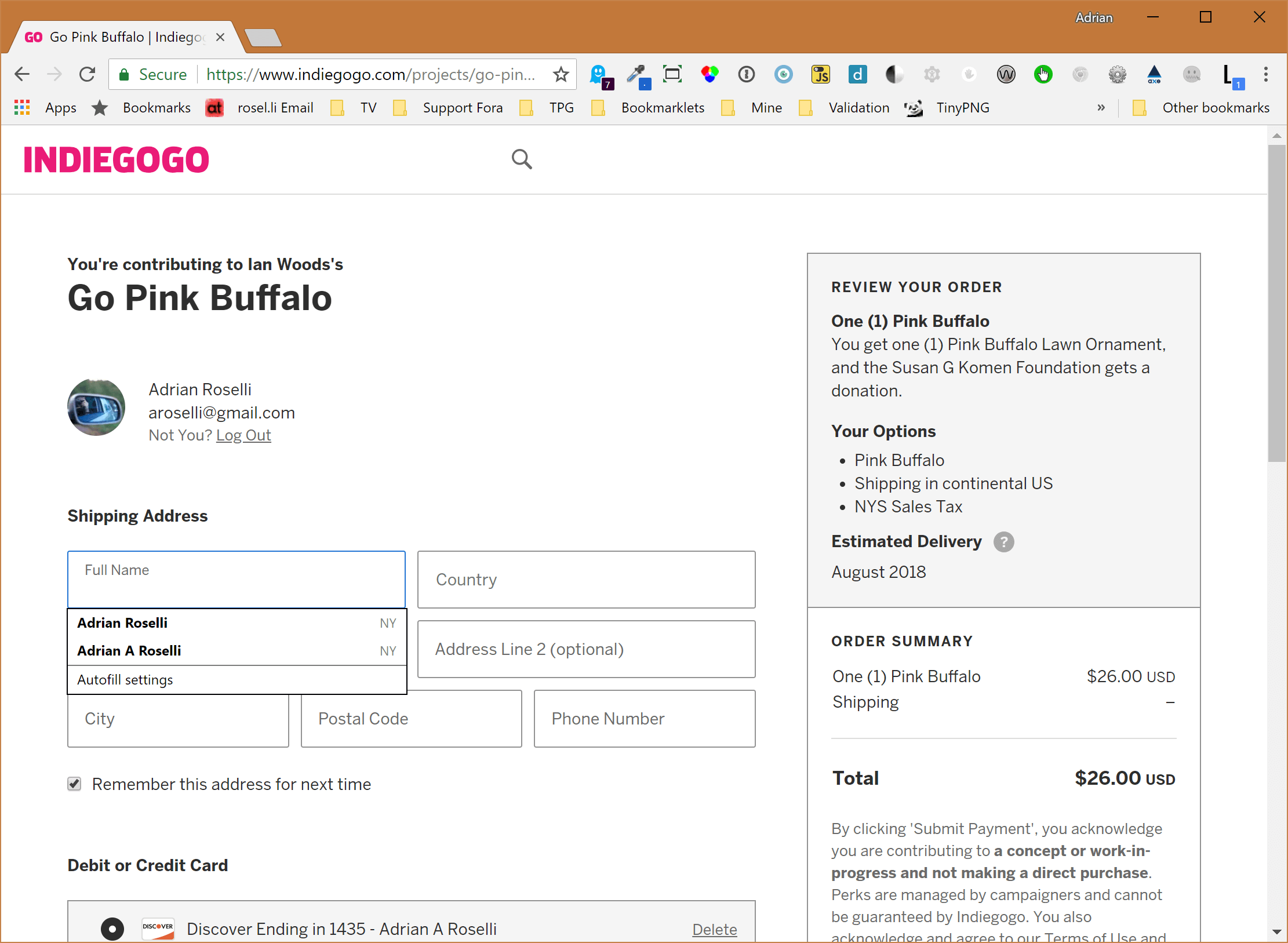 Indiegogo form for my shipping address showing the browser auto-complete feature on the Full Name field, offering my name as an option.