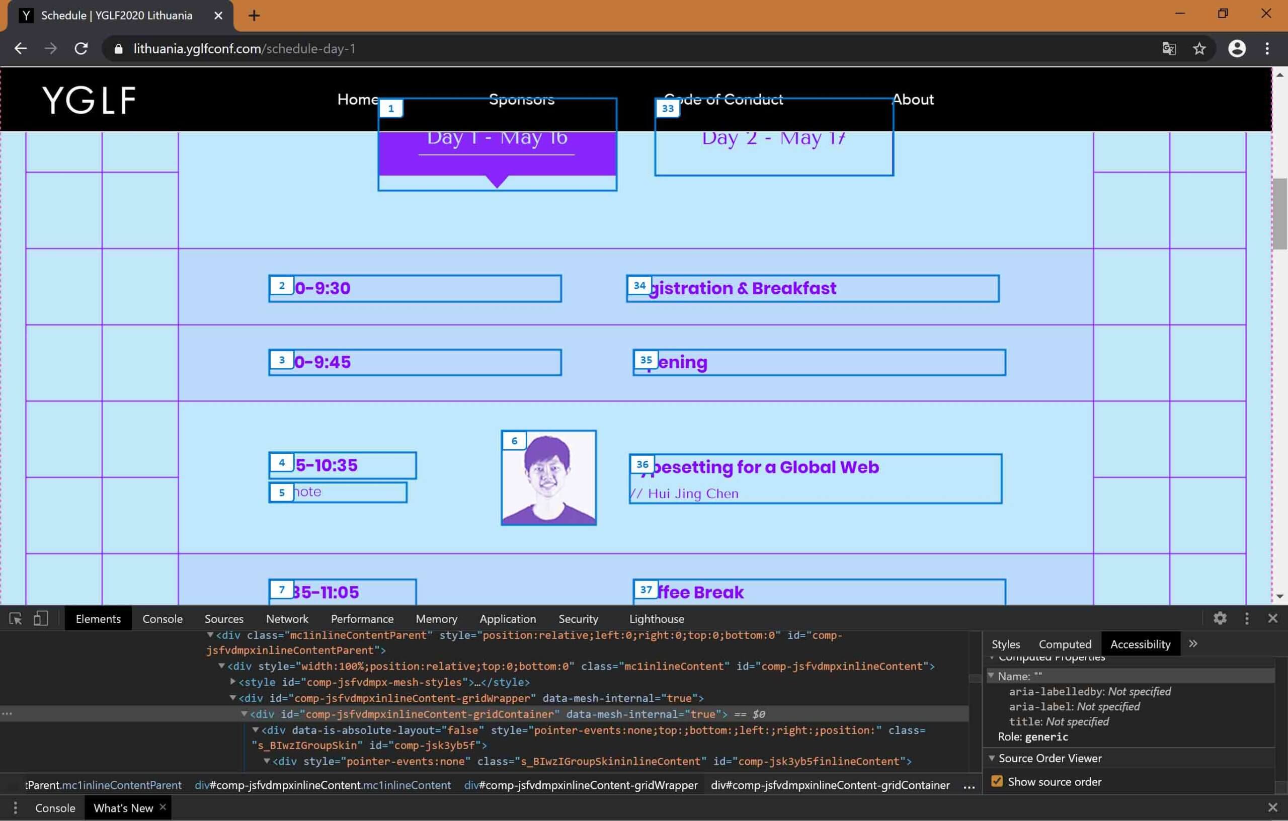 The accessibility inspector in the Chrome Canary dev tools showing a checked source order option, with the sections of the page numbered to show their relative order in the code.