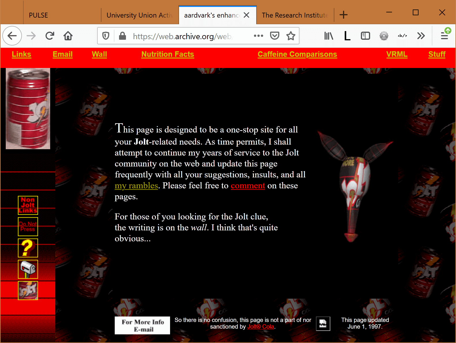 Jolt Cola page in a frameset with links to links, info, an animated GIF of a spinning Jolt Cola can, and a curious rendered aardvark head with a Jolt Cola logo texture map.
