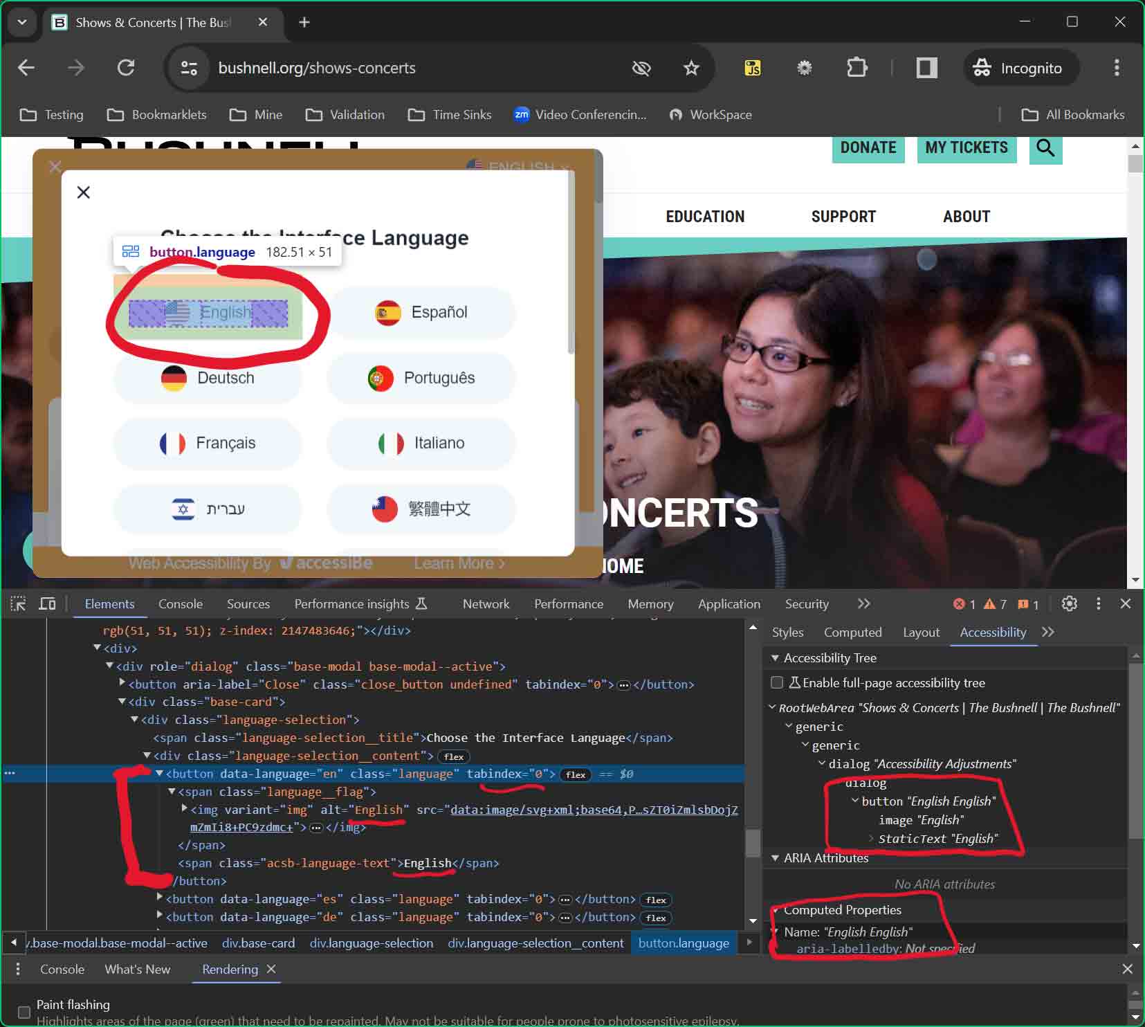 The “English” language button, with an American flag, with the browser inspector showing the image has the alternative text “English” and the button has the visible text “English”. The accessibility inspector confirms the button’s accessible name is “English English.”