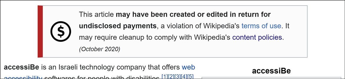 A box with a dollar sign icon displaying above the page, with the following content: This article may have been created or edited in return for undisclosed payments, a violation of Wikipedia's terms of use. It may require cleanup to comply with Wikipedia's content policies. (October 2020)