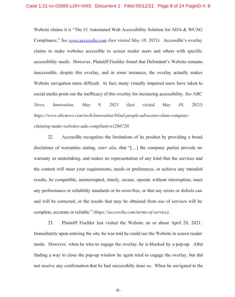 Page 8 of Fischler v Dorai Homes complaint