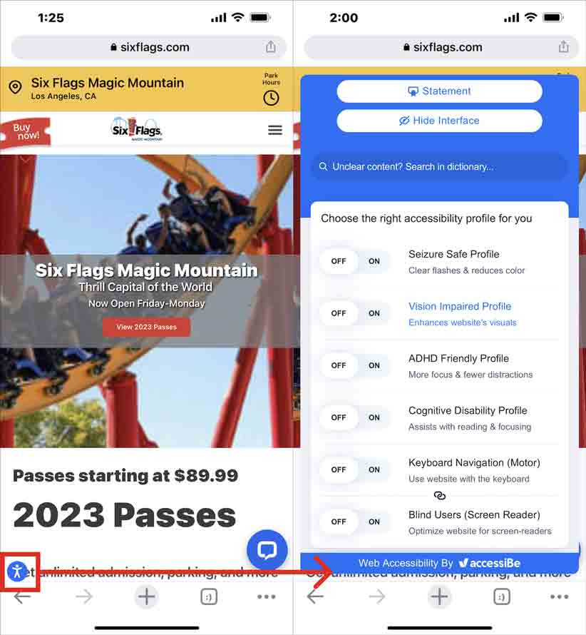 The Six Flags home page in a mobile browser alongside the same page with the accessiBe overlay expanded and showing its options.