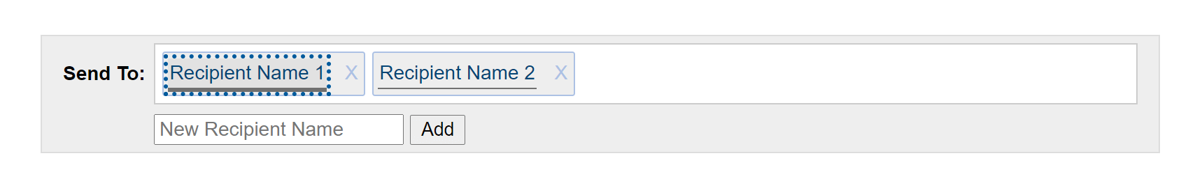 A text input with an Add button; above the input are two boxes, each with text and an X, suggesting values that can be deleted.