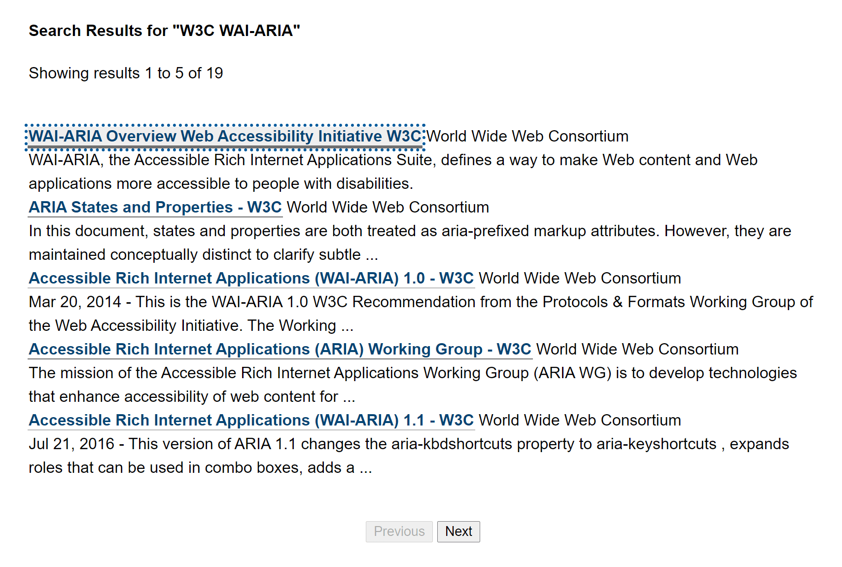 Search results, 1 to 5 of 19, with each link followed by an abstract; after the five links is a disabled Previous button and active Next button.