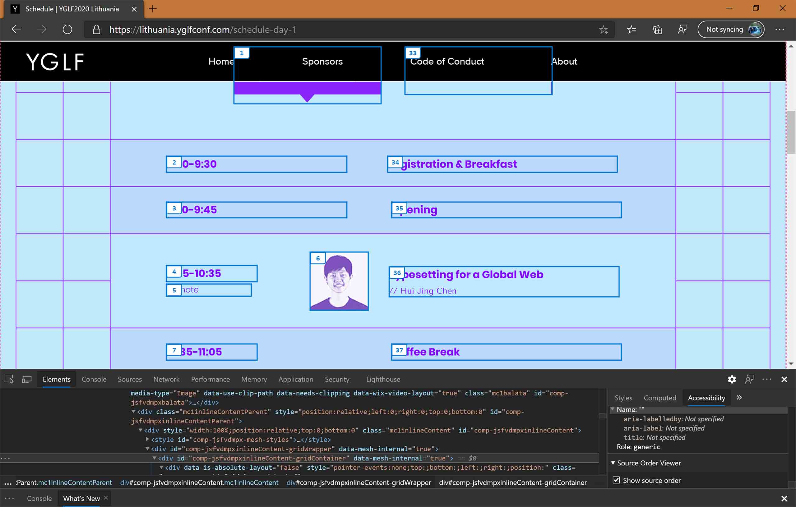 The accessibility inspector in the Edge Canary dev tools showing a checked source order option, with the sections of the page numbered to show their relative order in the code.