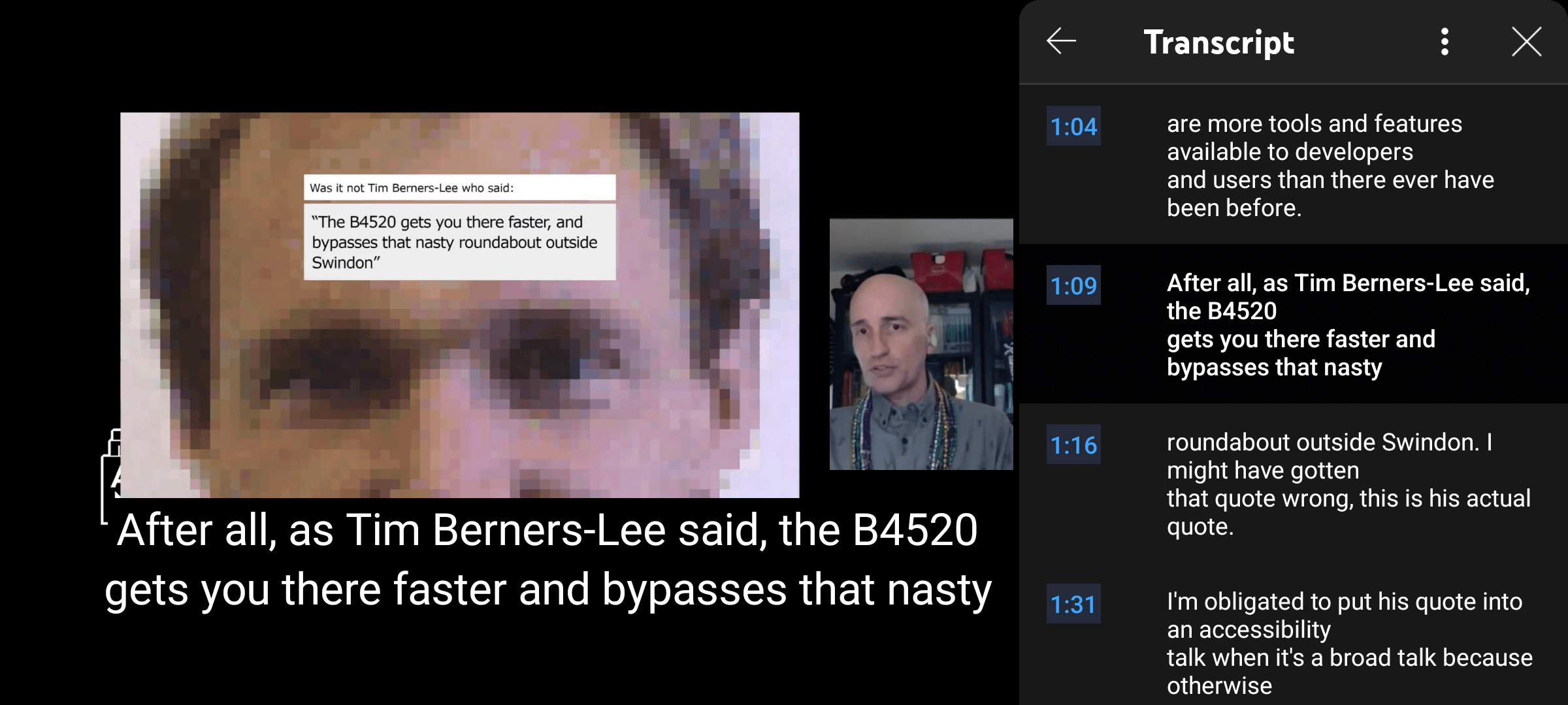 YouTube app on Android in landscape mode with the video and captions on the left and list of captions on the right with the transcript heading.